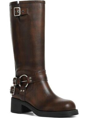 Women's Brown Wide Calf Riding Fashion Buckles Chunky Metallic Knee High Boot